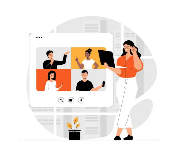 Vector illustration of Woman with laptop have videoconference with colleagues, clients or friends. Online meeting, web conferencing, virtual call. Illustration with people scene in flat design for website and mobile develop