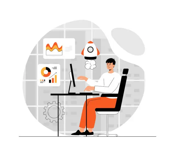 Vector illustration of Startup business concept. Man planning strategy, discussing idea, launching startup. Illustration with people scene in flat design for website and mobile development.