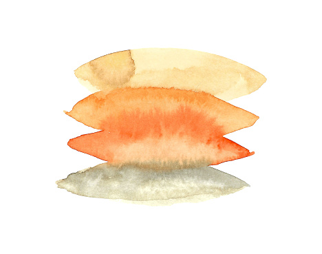 Spring warmth concept. Horizontal elongated watercolor blurry strokes in the shape of peach and gray petals. Hand drawn illustration on white background.