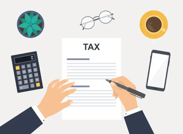 Vector illustration of Businessman Filling Tax Form Documents. High Angle View Of Table With Calculator, Smart Phone, Coffee Cup, Eyeglasses And Succulent Plant