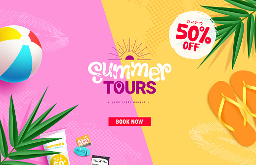 Summer tours online vector template design. Summer travel tours booking website with promo discount offer for holiday vacation reservation background. Vector illustration summer tours online advertisement.