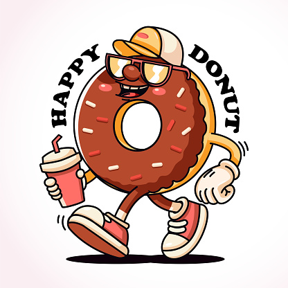 Donut walks casually holding drink, retro mascot character. Perfect for logos, mascots, t-shirts, stickers and posters