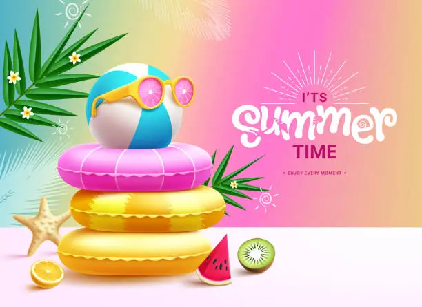 Vector illustration of Summer time vector design. It's summer time greeting text with colorful floaters and beachball wearing sunglasses for tropical season