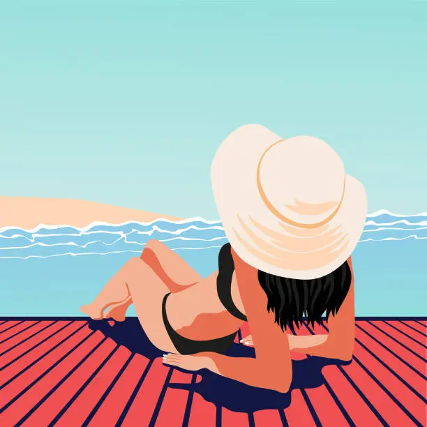 Vector illustration of Beautiful young girl in a big straw hat relaxing on the beach.