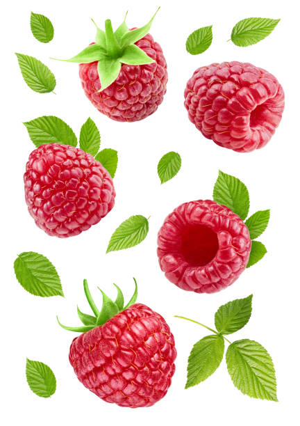 istock Flying ripe raspberries with green leaves 2062559712