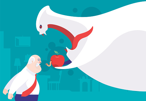 vector illustration of angry senior man meeting ghost which holding apple with worm