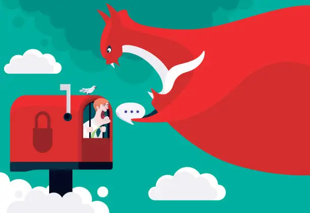 Vector illustration of devil delivering speech bubble to nerd jailed in mailbox