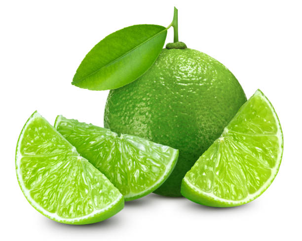 istock Fresh lime fruits with leaves isolated on white background 2062566765