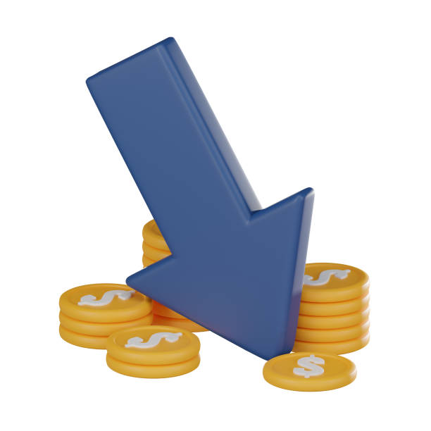 Downward arrow and dollar coin sign, financial challenges, economic fluctuations, navigating complexities of financial. Ideal for conveying concepts of financial loss. 3D render illustration