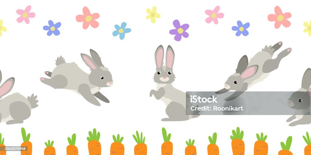 Flower Rabbit Border Bunnies With Flowers And Carrot Seamless Pattern Jumping Rabbits Repeat ...