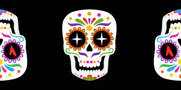 Vector illustration of Sugar skull seamless border. Dia de los muertos - day of the dead.