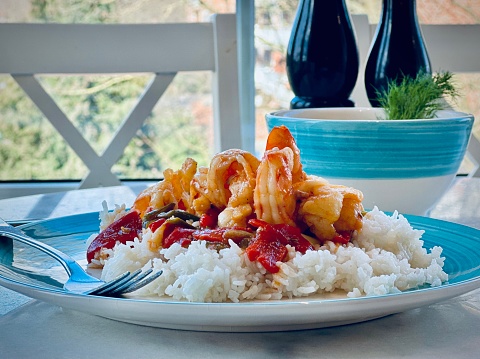 Hot, Sweet & Sour Wild Shrimp with Chinese Rice Cooked with Mirin and Some Rice Vinegar.