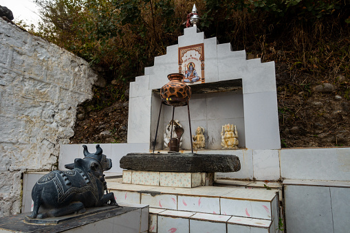 Feb.22nd 2024, Uttarkashi Uttarakhand,India. Shiva -Parvati Temple with Nandi Bull sotne sculptor. Hindu Gods .