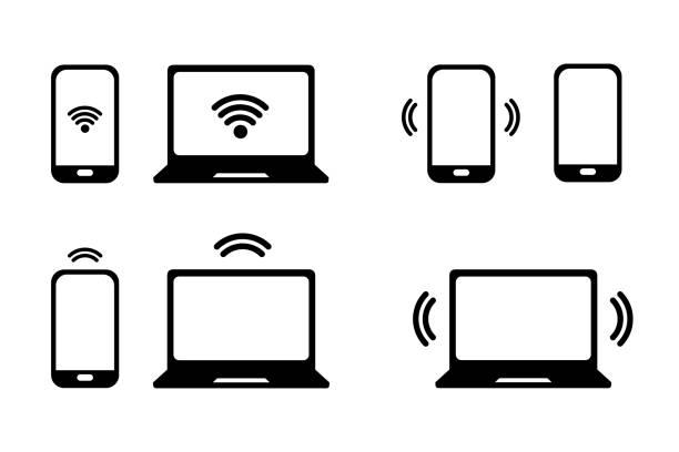 ilustrații de stoc cu set pictograme multimedia, conexiune wifi pe dispozitive mobile - ilustrații vectoriale izolate pe fundal alb - laptop