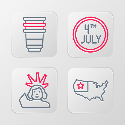 Set line USA map Statue of Liberty Calendar with date July 4 and Paper glass icon. Vector.