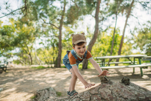 Cute baby boy playing on the green grass in public park during autumn. The scene is situated in public city park in Sofia, Bulgaria. Photo is taken with Sony A7III camera