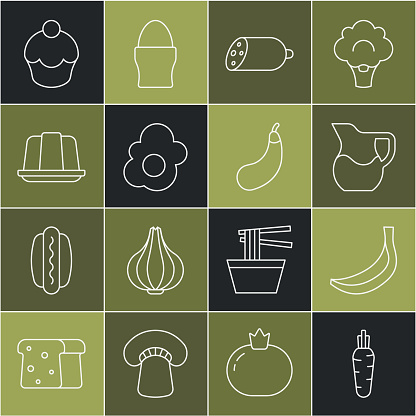 Set line Carrot Banana Jug glass with milk Salami sausage Scrambled egg Jelly cake Muffin and Eggplant icon. Vector.