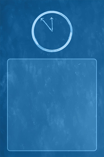 Painted smudged blotched blank rustic retro style blue vertical vector background with a lighter shade circle outlined in smudged brush stroke with two white arrows like a clock dial showing time 11 55 or 5 minutes to 12, with a bordered copy space frame