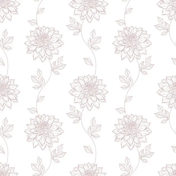 Vector illustration of Seamless pattern, hand drawn vector dahlia flowers climbing vine floral white background