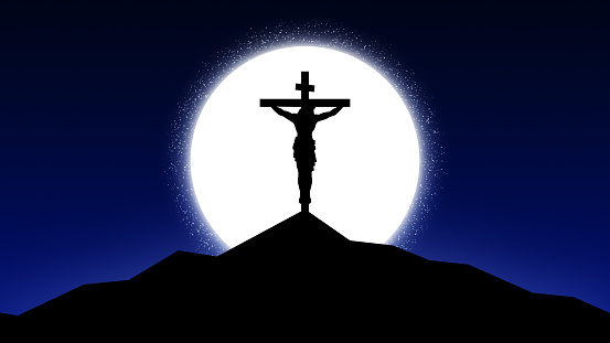This stock image featuring the silhouette of a Christian cross against the backdrop of the moon. Symbolizing faith and spirituality, the cross stands in stark contrast to the lunar glow, evoking a sense of reverence and awe. With themes of hope and divine connection, this captivating scene invites contemplation and reflection.