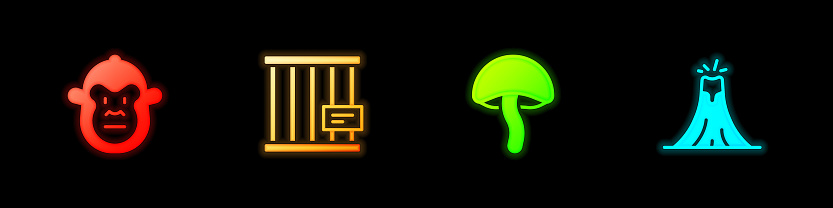 Set Monkey Animal cage Mushroom and Volcano eruption icon. Vector.