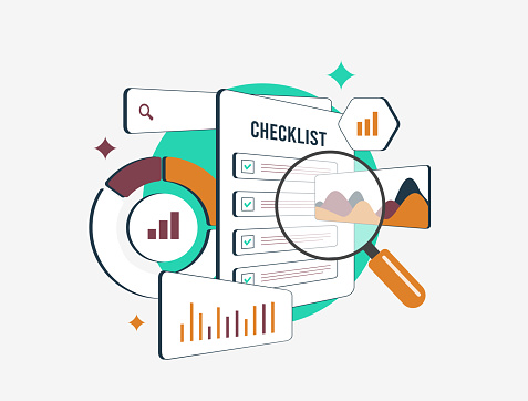 SEO Audit Checklist. Optimize web site with on-page SEO, technical analysis, keyword insights, backlink evaluation and content metrics for better performance. Vector illustration on white background