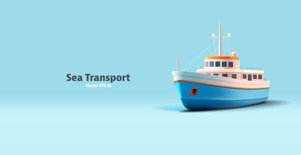 3d realistyczna pasażerska łódź wakacyjna ilustracja kreskówka statku do wędkowania, kolory niebieski i biały - statek stock illustrations