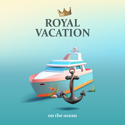 Royal vacation banner with 3d yacht illustration with metal anchor and sea corals with fish, render style cartoon composition, advertising