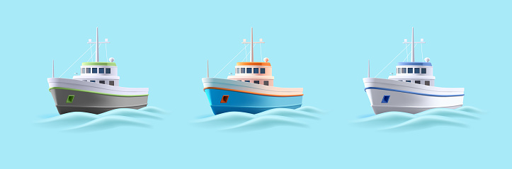 3d realistic fishing boat set of cartoon illustrations of vessel with volume waves, sailing in the sea in different colors