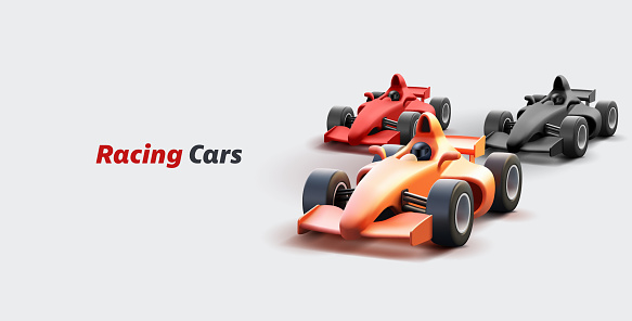 Speed sport cars banner driving on high speed, fast racing car 3d render illustration, modern realistic models, banner