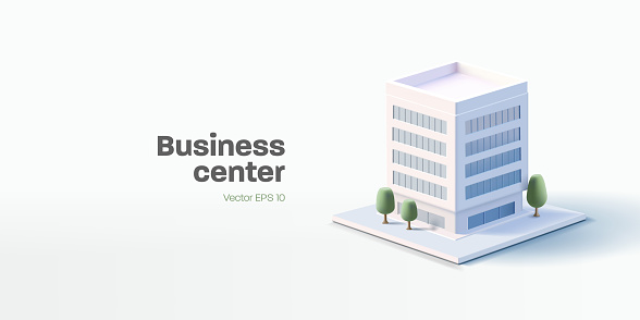 Business center building 3d render illustration with windows and trees, simple icon white colours, street view