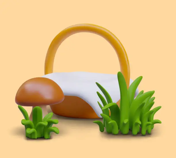 Vector illustration of Basket with high handle, covered with white napkin, mushroom, green grass