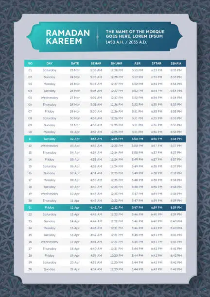 Vector illustration of Islamic Hijri Calendar Design for Ramadan Kareem