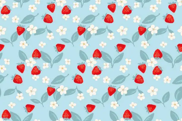 Vector illustration of Colorful cute seamless pattern with red stylized strawberries, flowers, leaf. Vector hand drawn doodle sketch. Blue background with abstract strawberry print. Collage for designs, children textiles