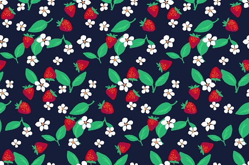 Colorful summer seamless pattern with abstract berries strawberries, flowers, leaves on black background. Vector hand drawn doodle sketch. Cute stylized fruits. Collage for designs, children textiles