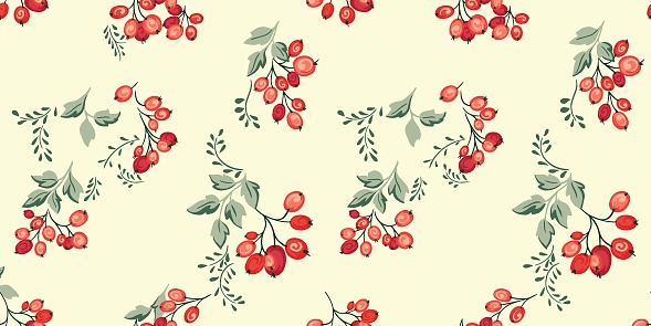 Creative branches of red abstract berries with leaves seamless pattern. Vector hand drawn illustration juniper, boxwood, viburnum, barberry. Botanical vintage patterned. Collage for designs, printing