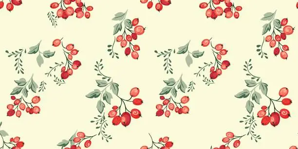 Vector illustration of Creative branches of red abstract berries with leaves seamless pattern. Vector hand drawn illustration juniper, boxwood, viburnum, barberry. Botanical vintage patterned. Collage for designs, printing