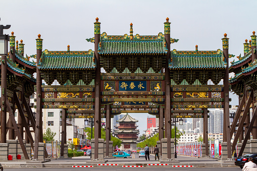 A traditional Chinese style arch, located on Faulkner Street, in the heart of Chinatown in Manchester, England.