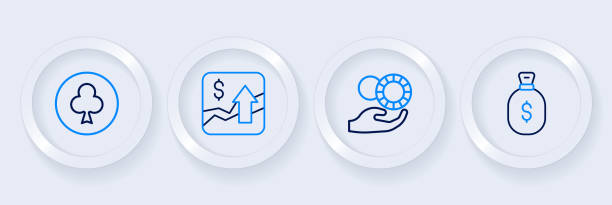 istock Set line Money bag, Hand holding casino chips, Financial growth increase and Playing card with clubs symbol icon. Vector 2062670175