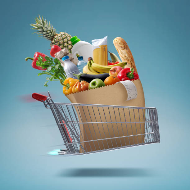 istock Fast flying shopping cart delivering groceries 2062671755