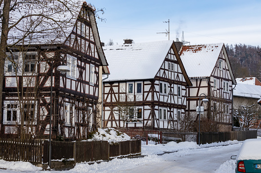 Herleshausen, Hesse, Germany - January 20, 2024: The historic houses of Herleshausen in Hesse