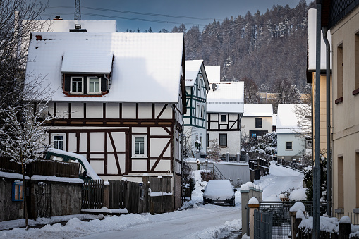 Herleshausen, Hesse, Germany - January 18, 2024: The historic houses of Herleshausen in Hesse