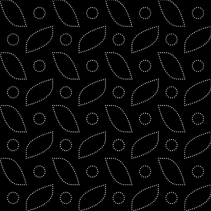 Leaf and circles pattern of pearls on black seamless repeating pattern. Multi symmetry.