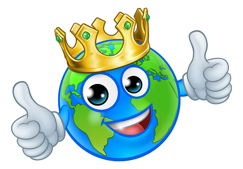 An earth globe world cartoon character mascot wearing a gold king crown and giving a thumbs up