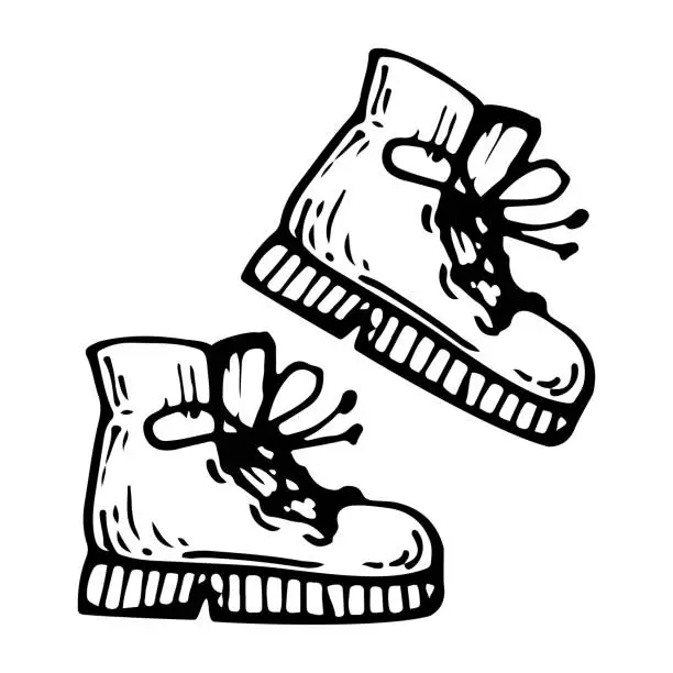 Vector illustration of Sketch hiking boots. Walking shoes. Hand drawn illustration.