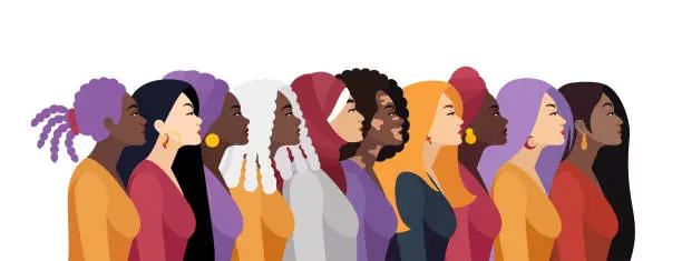 Vector illustration of International Women's Day. Multiracial Group of Women.