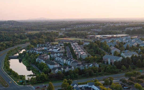 Workday Sunrise Morning aerial view of Ashburn, Virginia. ashburn virginia stock pictures, royalty-free photos & images