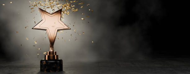 istock Top Performance Award. Gold star on a blue background as a reward. Winners Cup. Winner certificate. First place in a computer game. Achievements. Victory. Golden confetti. 3D rendering. 2062707180