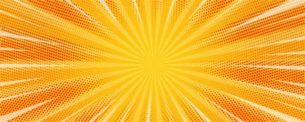 Vector illustration of Comic yellow background. Orange pop art sunburst pattern. Retro vector explosion with halftone effect. Abstract superhero wallpaper