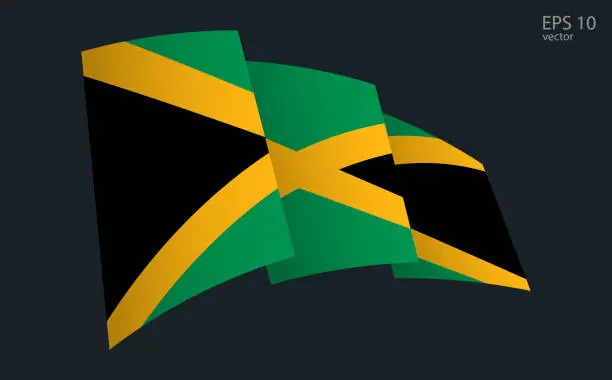 Vector illustration of Waving Vector flag of Jamaica. National flag waving symbol. Banner design element.